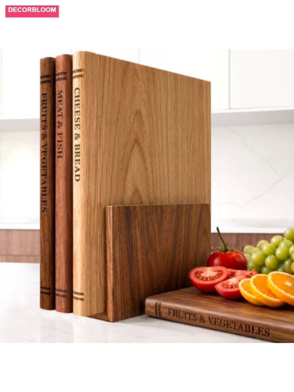 Solid Wood Cutting Board Set of 3 with Stand Book Design Acacia Sapele